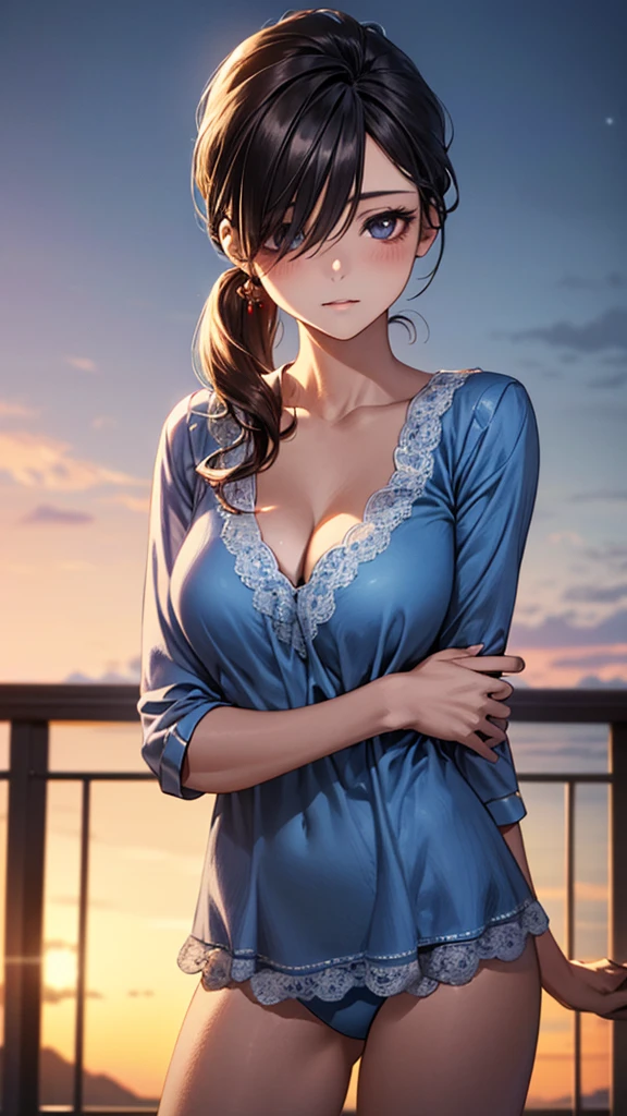 (SFW:1.5) ,Ultra high definition, High detail, Textured skin, retina, High resolution,
(masterpiece:1.2, top-quality), (realistic, photorealistic:1.4), beautiful illustration,
looking at viewer, front view:0.6,
1 girl, japanese, high school girl, blown hair, (side ponytail), hair over one eye, large breasts:0.8,
beautiful hair, beautiful face, beautiful detailed eyes, beautiful clavicle, beautiful body, beautiful chest, beautiful thigh, beautiful legs, beautiful fingers,
(beautiful scenery), Residential area
((Sky blue nightwear、Cleavage)),
(Cowboy Angle)(Girl's room at home、On the bed、Lying down:1.5)(I'm not feeling well、Have a fever:1.5)(Sweat)(Window view)(early morning、曇り空☁️)