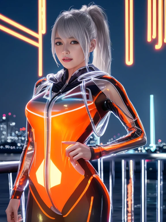 Lake at night,(Gorgeous night illuminations:1.3),(Standing in the night:1.3)The actress is a very beautiful adult woman........(Sexy super shiny orange transparent holographic mechanical cyberpunk suit with hood:1.3) ,(A mechanical hooded suit that lights up with vibrant LEDs:1.3),Surrounded by a network of wires. surrounded by circuits.Sexy Face, necklace,Earrings, Smile.Sexy pose, (Silver Hair、精巧な編み込みとビーズで飾られたponytailのツイストバンズ,Braided Setup Fishbone Hair,),(The bangs are see-through),(hairpin、ponytail、Floating Hair、),Chest slip,(Emphasize large breasts:1.3),Professional Lighting,Cinematic Light,(Tabletop,Highest quality,Ultra-high resolution output images,) ,(8K quality,),(SeaArt 2 Mode:1.3),,(Picture Mode Ultra HD,)