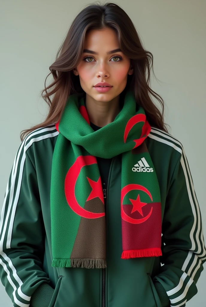 Woman wearing a jacket. Adidas, with a detailed and clear Algerian flag scarf
