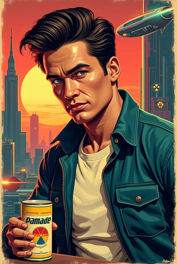 A pomade brand in the fallout universe 50s style advertising poster