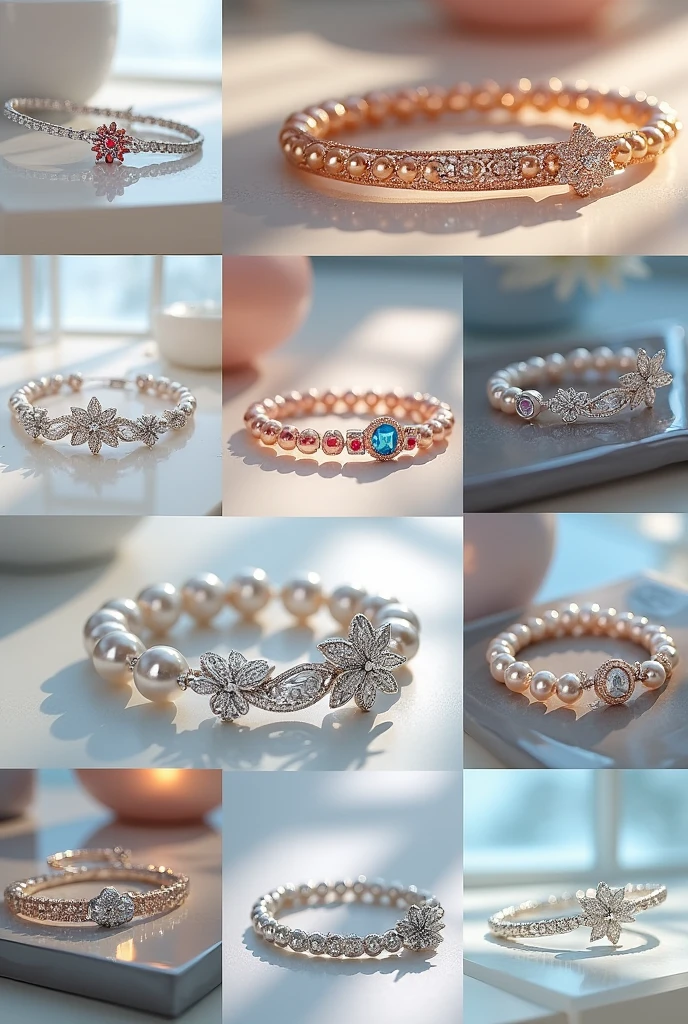 Collage of 9 pictures. Each picture shows a photo of luxury silver jewelry. bracelets, pearl, diamonds They are multi-colored, brands "Night flower" written in beautiful font