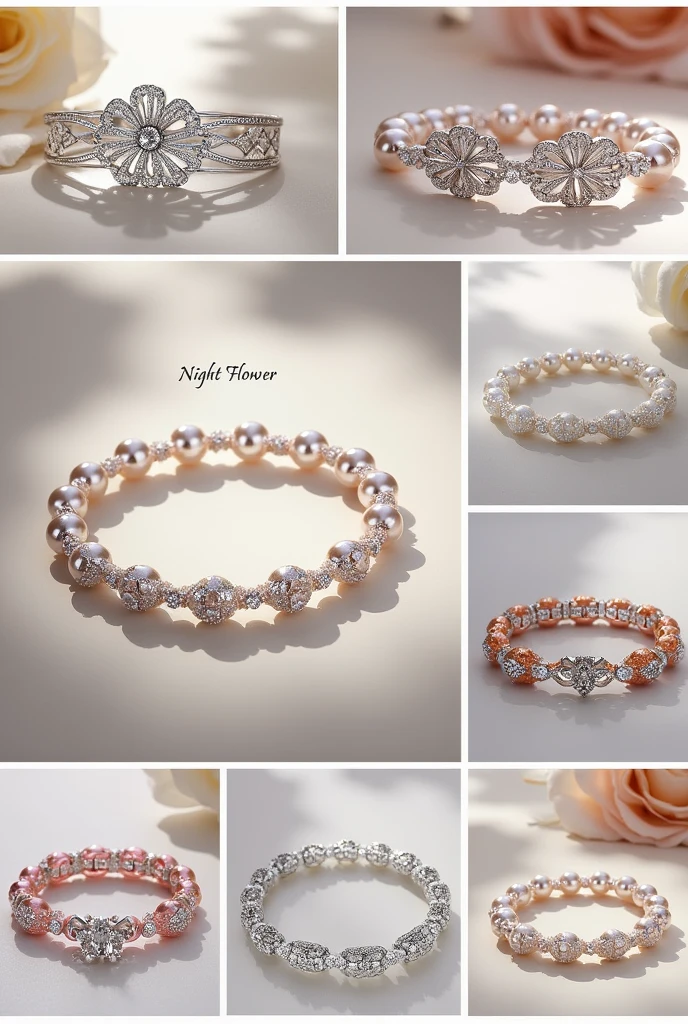 Collage of 9 pictures. Each picture shows a photo of luxury silver jewelry. bracelets, pearl, diamonds They are multi-colored, brands "Night flower" written in beautiful font