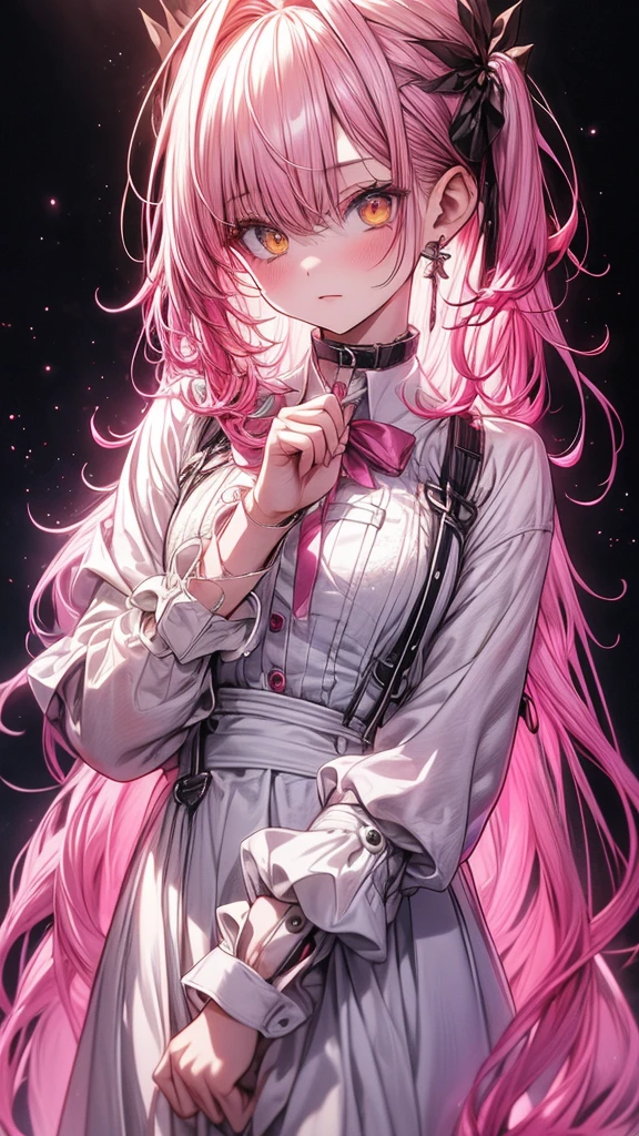 (8k, raw photo, Best Quality, masterpiece), ultra high resolution, (realist, photo-realist), 1 girl, emotionless, Alone, pink hair, yellow eyes, Professional lighting, detailed lighting, Backlight, depth of field, natural lighting, sharp focus, two meter shooting distance, Professional photo session, detailed eyes, realist eyes, detailed shadow, pink clothes with arm ring,  suspenders, Upper part of the body, pink clothes,