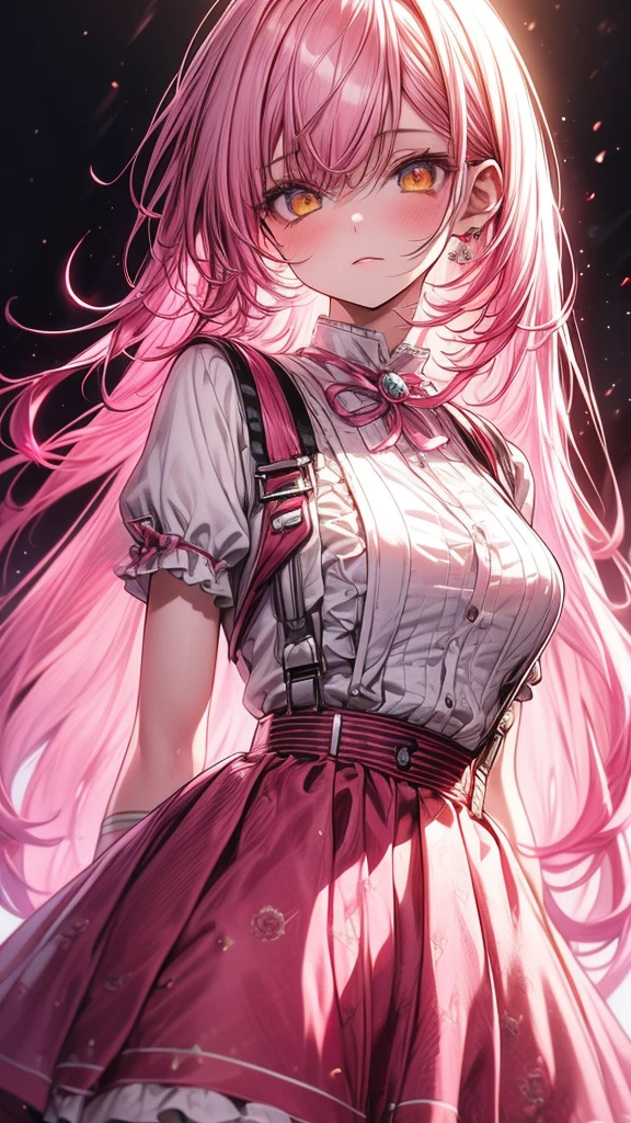 (8k, raw photo, Best Quality, masterpiece), ultra high resolution, (realist, photo-realist), 1 girl, emotionless, Alone, pink hair, yellow eyes, Professional lighting, detailed lighting, Backlight, depth of field, natural lighting, sharp focus, two meter shooting distance, Professional photo session, detailed eyes, realist eyes, detailed shadow, pink clothes with arm ring, suspenders, Upper part of the body, pink clothes,