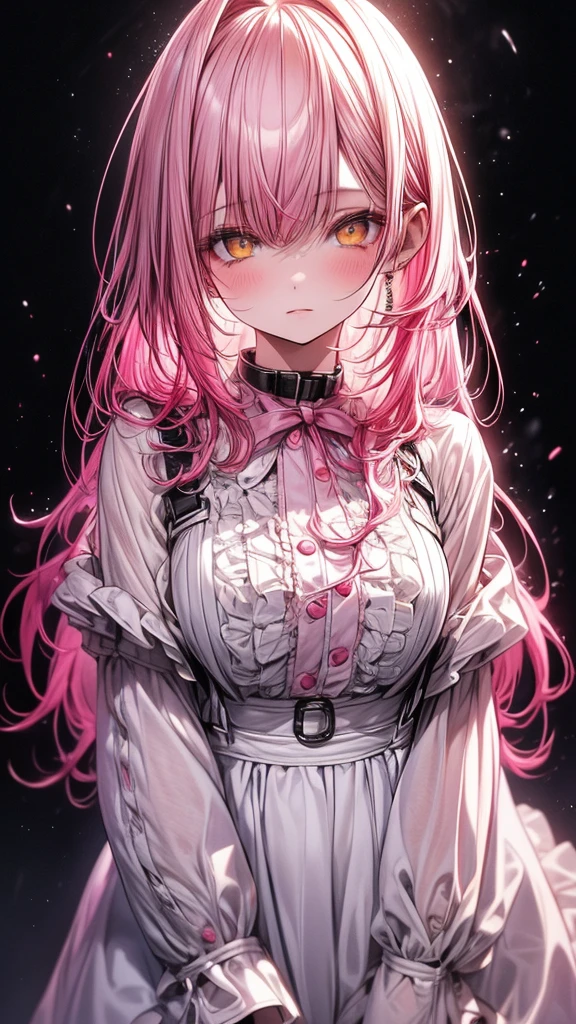(8k, raw photo, Best Quality, masterpiece), ultra high resolution, (realist, photo-realist), 1 girl, emotionless, Alone, pink hair, yellow eyes, Professional lighting, detailed lighting, Backlight, depth of field, natural lighting, sharp focus, two meter shooting distance, Professional photo session, detailed eyes, realist eyes, detailed shadow, pink clothes with arm ring,  suspenders, Upper part of the body, pink clothes,