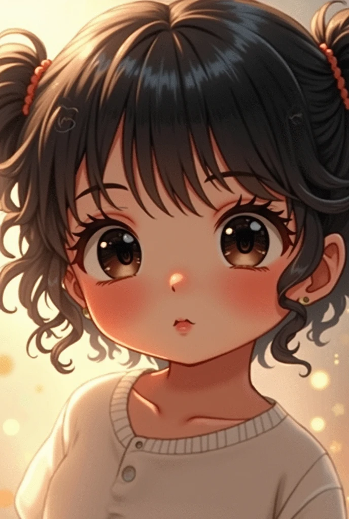 I want the image of a one-year-old baby girl with short, curly hair with two half ponytails on her head and the rest of her hair loose., dark black color, big and very expressive eyes long eyelashes and black eyes, brown chin, well-defined mouth, small and very beautiful, that is from heaven looking from heaven, but smaller, a year and a half old, hair that is thicker than that, the two ponytails as they are, Darker eyes and a cleft chin, you&#39;re making her too big, I want a baby girl. 
