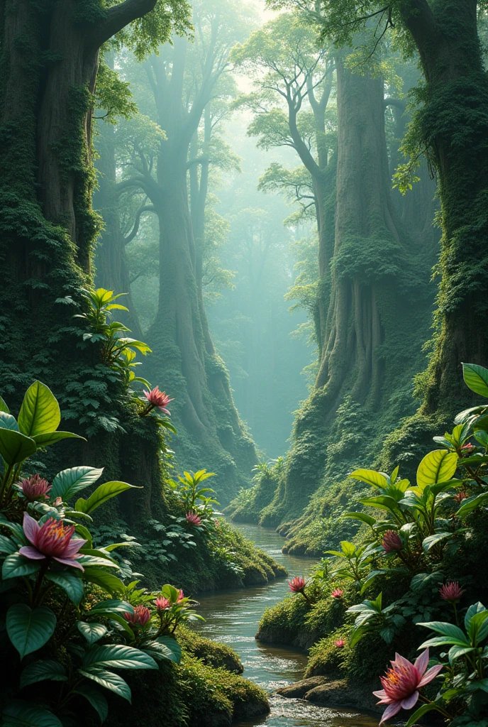 masterpiece、 Highest quality, Highly detailed、8k、 High resolution, Fantasy、Fern Jungle、A mysterious ecosystem、Active carnivorous plants、