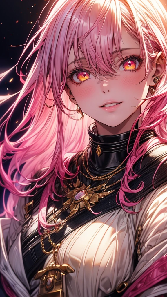 (8K, high resolution, realistic, photorealistic), 1 girl, no expression, alone, pink hair, yellow eyes, professional lighting, detailed lighting, backlighting, depth of field, natural lighting, sharp focus, 2 meter shooting distance, professional photoshoot, detailed eyes, realistic eyes, detailed shadow, pink clothes with arm ring, suspenders, upper body, pink clothes