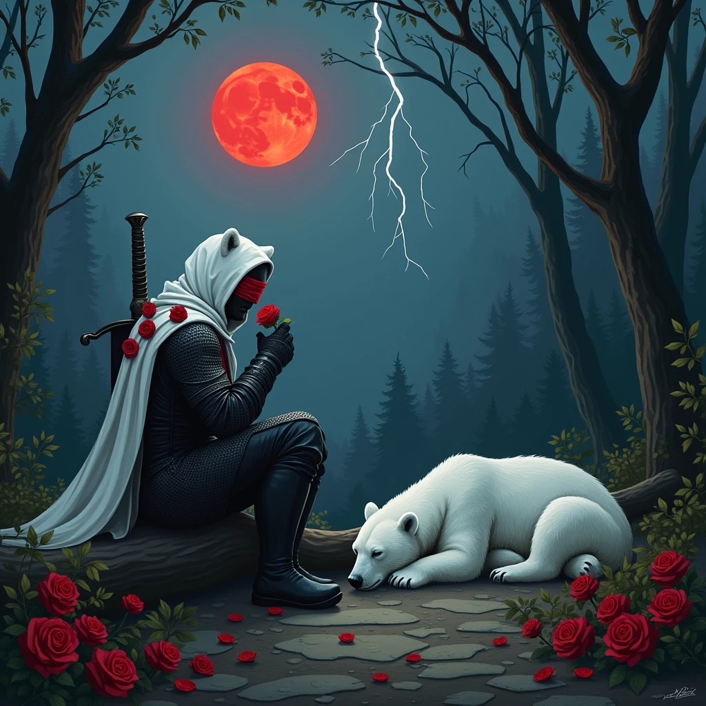 Male knight with a white hood with bear ears with sword behind his back sits towards a polar bear in a forest while the moon shines, many Roses cover the ground and lightning falls from the sky. The polar bear sleeps in front of the knight. Only the man wears a red blindfold. In the background of the picture is the blood moon and a tree has fallen down in the path. The forest is full of trees with leaves. The armor of the man is black and red roses decorate it. The knight smells on a rose.