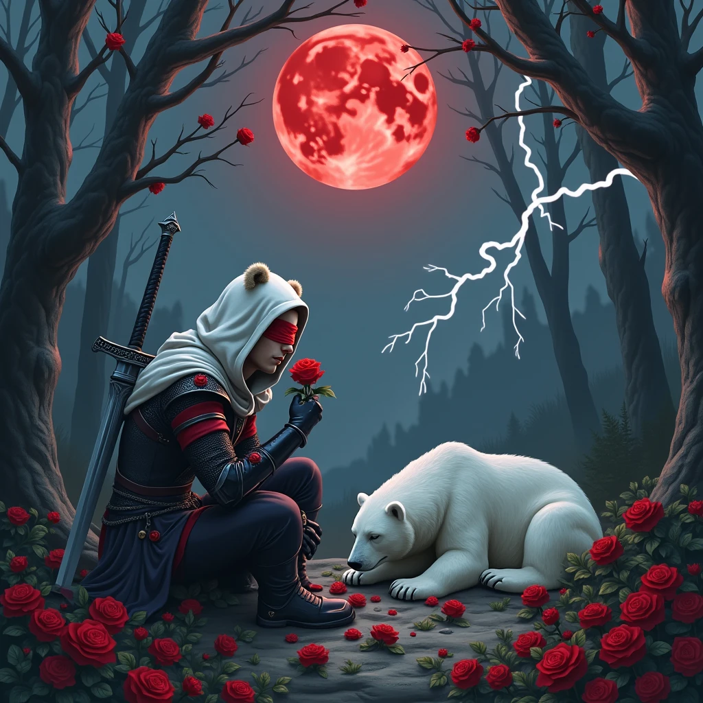 Male knight with a white hood with bear ears with sword behind his back sits towards a polar bear in a forest while the moon shines, many Roses cover the ground and lightning falls from the sky. The polar bear sleeps in front of the knight. Only the man wears a red blindfold. In the background of the picture is the blood moon and a tree has fallen down in the path. The forest is full of trees with leaves. The armor of the man is black and red roses decorate it. The knight smells on a rose.
