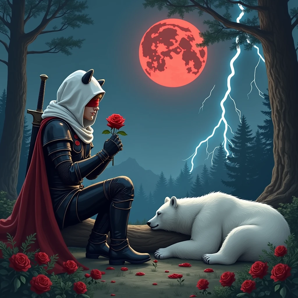 Male knight with a white hood with bear ears with sword behind his back sits towards a polar bear in a forest while the moon shines, many Roses cover the ground and lightning falls from the sky. The polar bear sleeps in front of the knight. Only the man wears a red blindfold. In the background of the picture is the blood moon and a tree has fallen down in the path. The forest is full of trees with leaves. The armor of the man is black and red roses decorate it. The knight smells on a rose.
