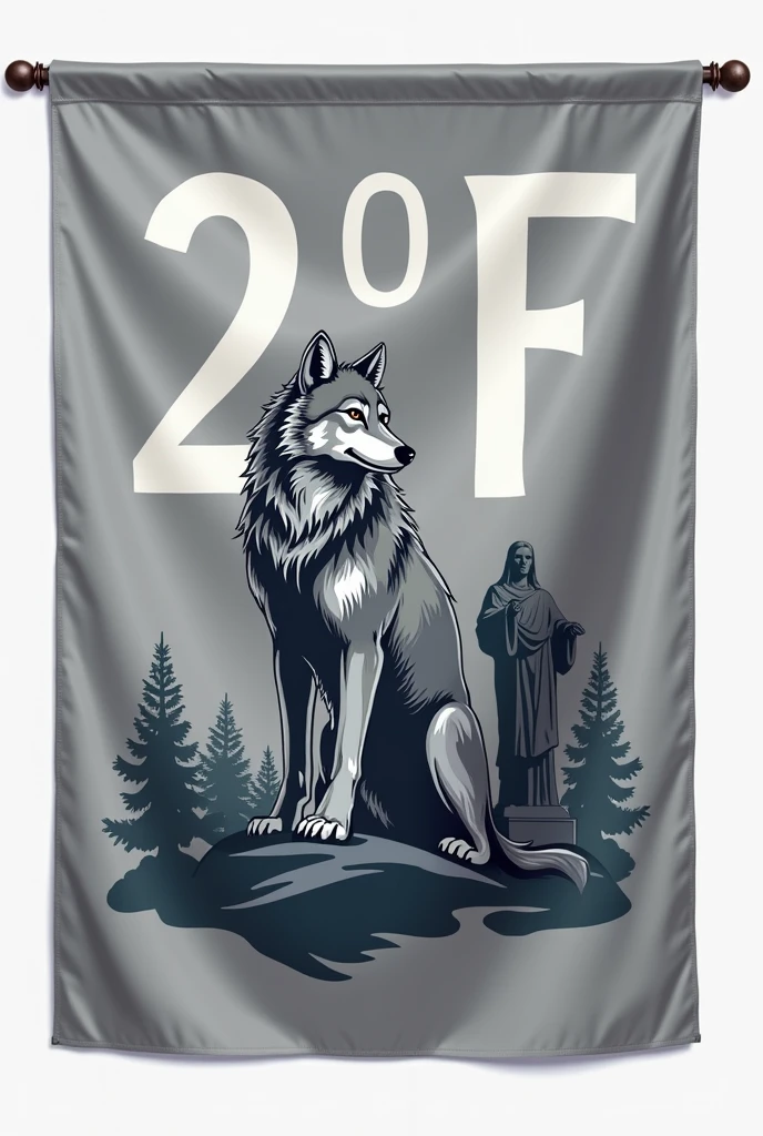 I want you to make a gray banner that will be printed on an interclass flag.. Nesse banner cinza, I want it to have the following features or details: cor predominante cinza; A wolf as a mascot; a Christ the Redeemer; A simple style; and that has been written in bold: "2°F".