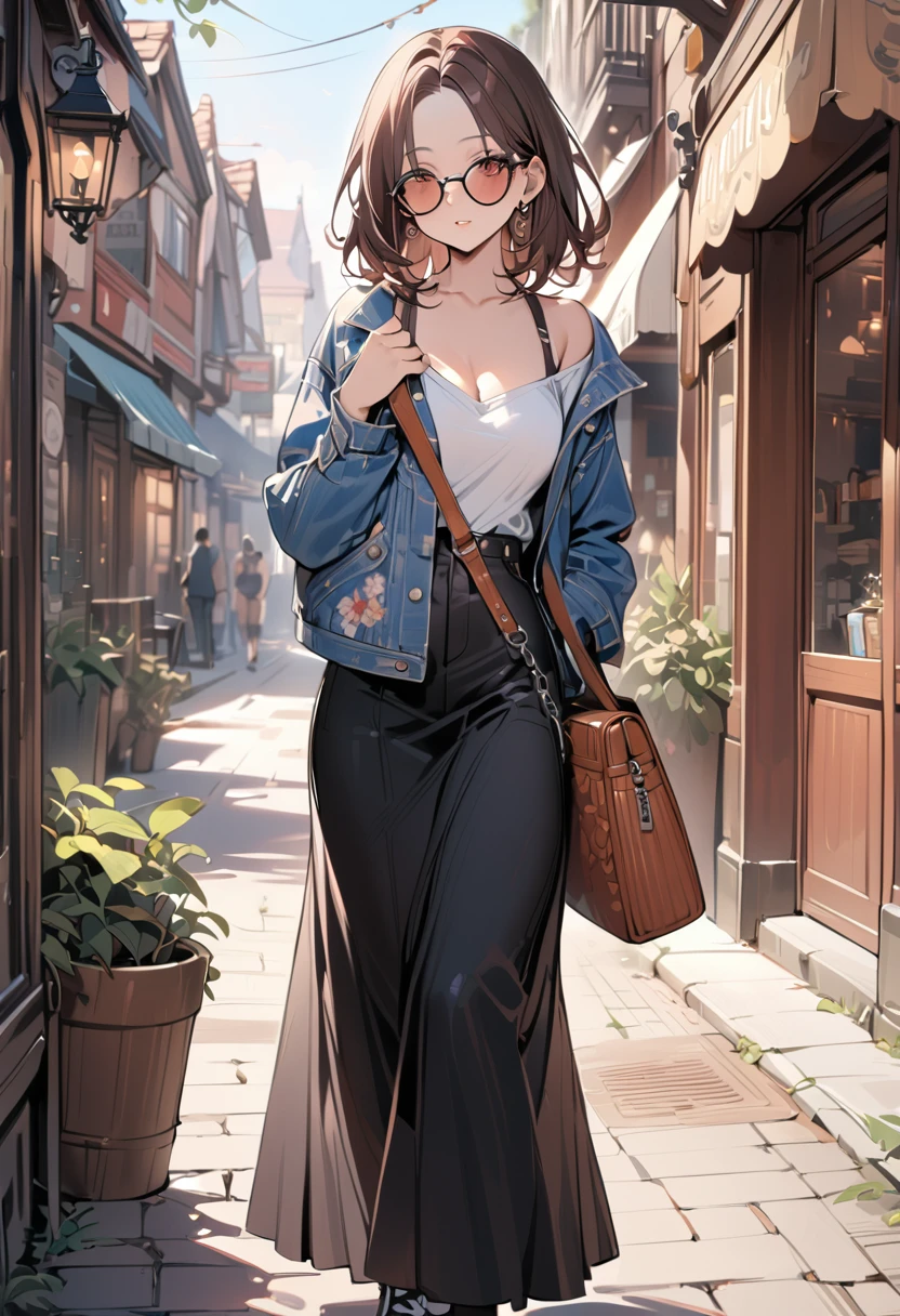 (masterpiece, best quality:1.5), (high resolution 8K), detailed eyes and face, detailed body, 
BREAK 1 girl, bob, center part, forehead, brown hair, piercing, brown eyes, medium breasts
BREAK Floral print long dress, denim jacket, sneakers, fringe bag, sunglasses, relaxed pose, 
BREAK in front of brick building or vintage-style shop