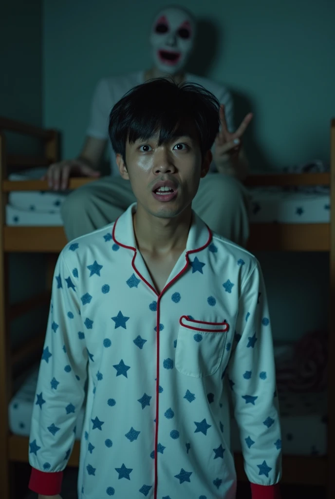 A 20 Thai male wearing white pajamas with blue polka dots and red trim, black hair, comma hairstyle, looking scared of something, center of the frame, camera angle pans up, background is a bunk bed, star-colored wall, night time, no lights, power outage, full body shot, scary atmosphere. have a man ghost behind the asian man ,no face, creepy face , asian man