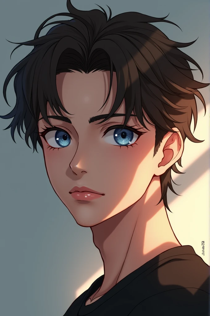 Anime boy Blue eyes Brown hair Broad shoulders Sexy lips Sexy look Tall