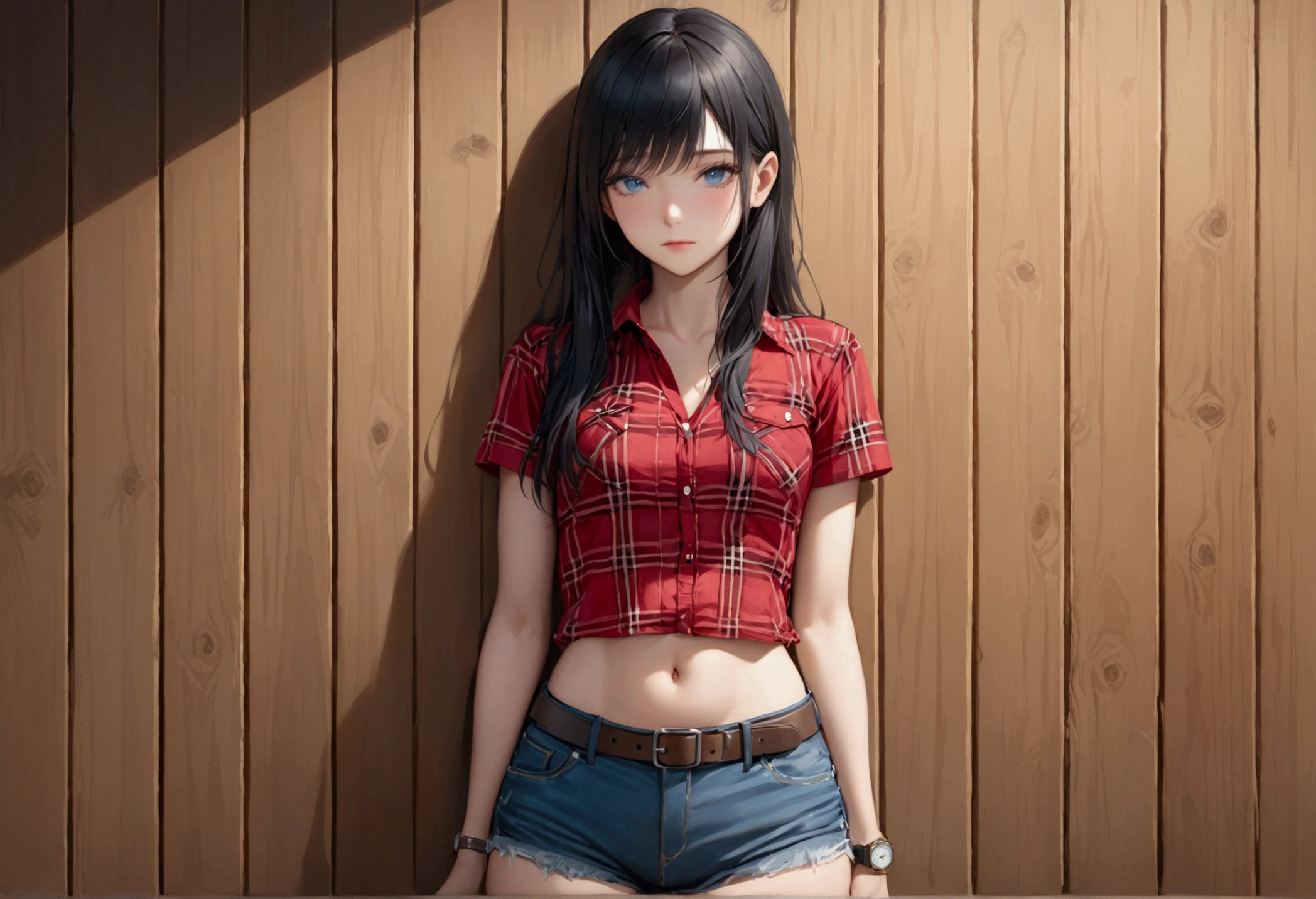 Woman with long black hair, blue eyes, An athletic body, Red plaid tight short sleeve cowgirl shirt, watch, Navel exposed, Denim hot pants, Brown belt with square buckle, Stand up straight, Drunk,In front of a wooden wall,Front view,Cowboy Shot,16K, Highest quality, masterpiece, Realistic, detailed