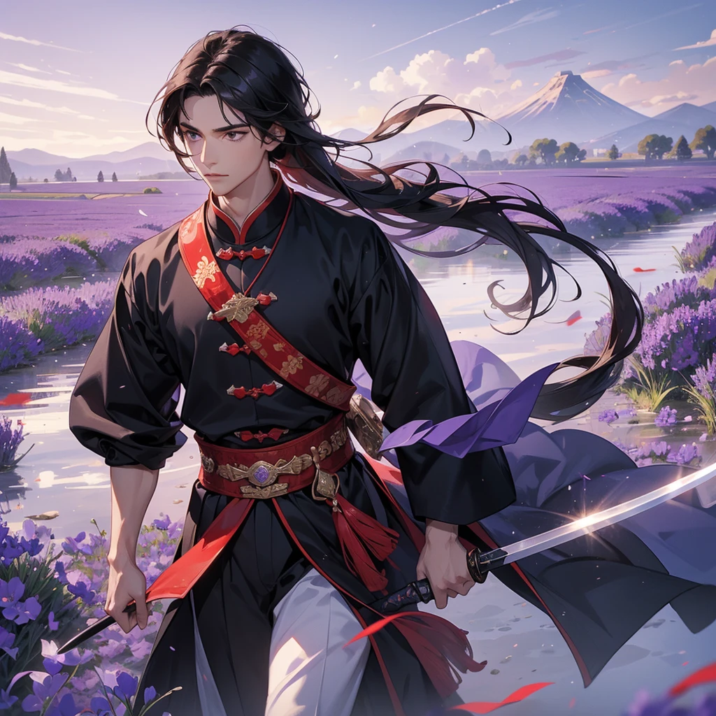 A Handsome black-hair male holding a large sword in red-white ancient general chinese, close up.
Stroll among the purple lavender fields , There are some floating clouds,