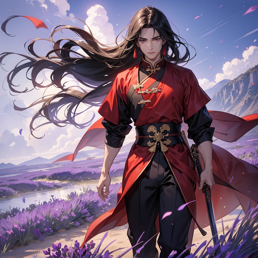A Handsome black-hair male holding a large sword in red-white ancient general chinese, close up.
Stroll among the purple lavender fields , There are some floating clouds,