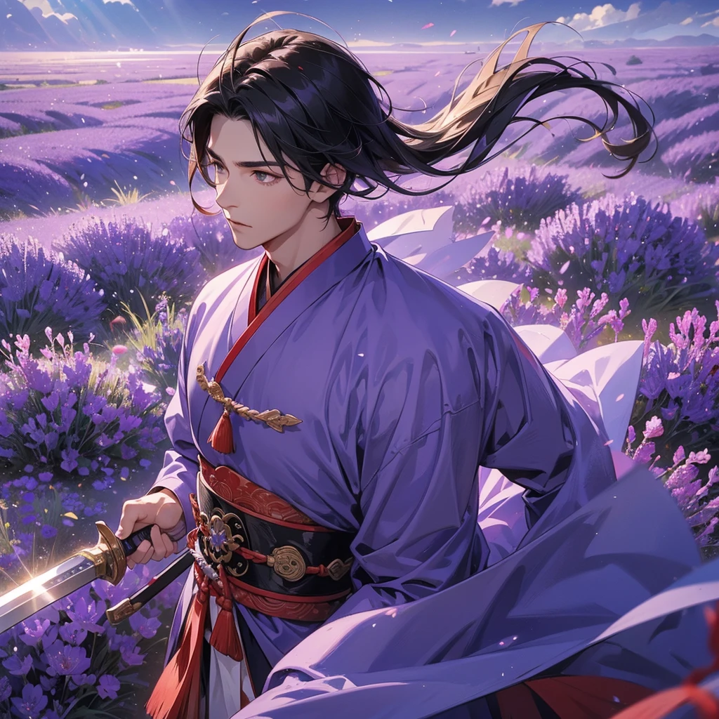 A Handsome black-hair male holding a large sword in red-white ancient general chinese, close up.
Stroll among the purple lavender fields , There are some floating clouds,