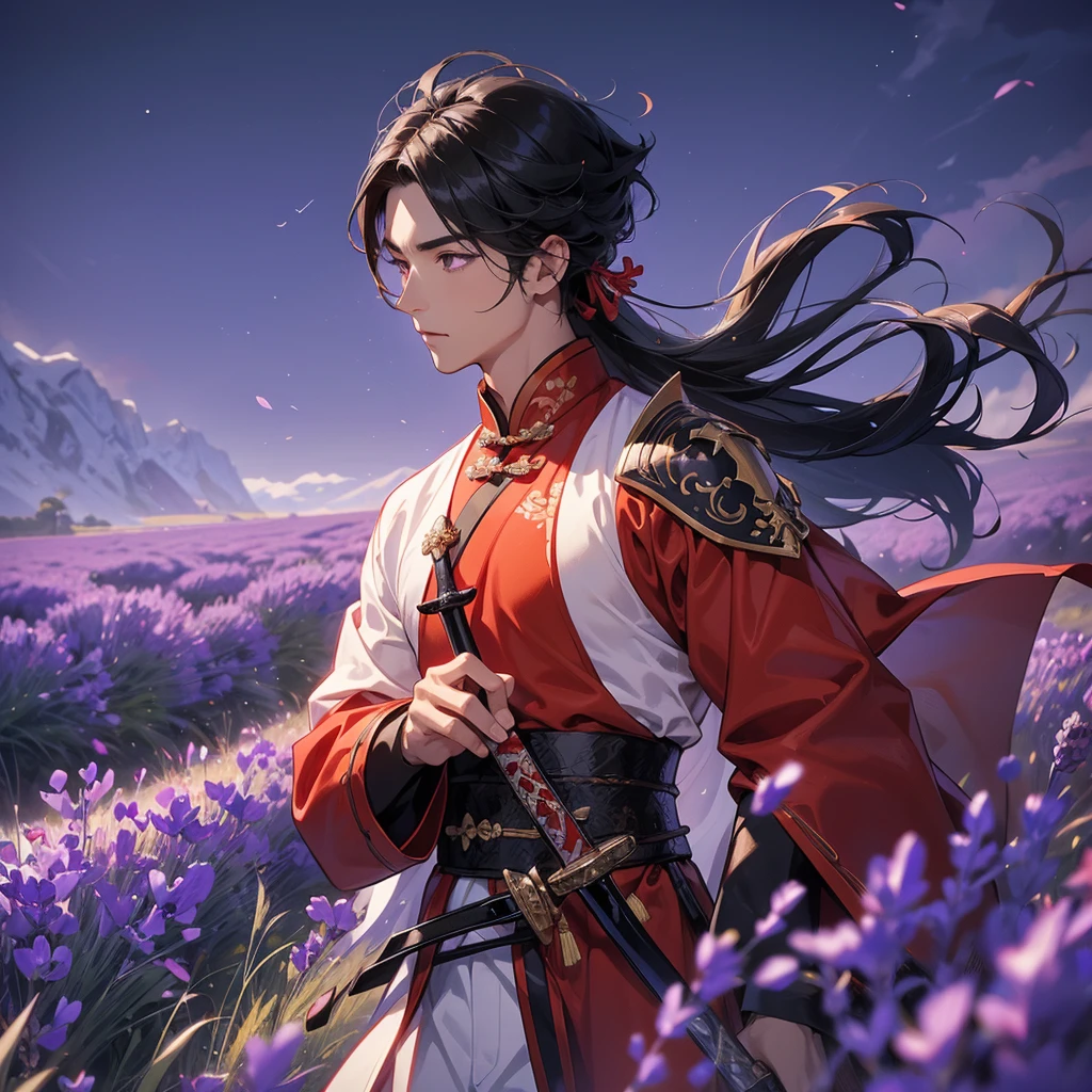 A Handsome black-hair male holding a large sword in red-white ancient general chinese, close up.

Stroll among the purple lavender fields , There are some floating clouds,

 
