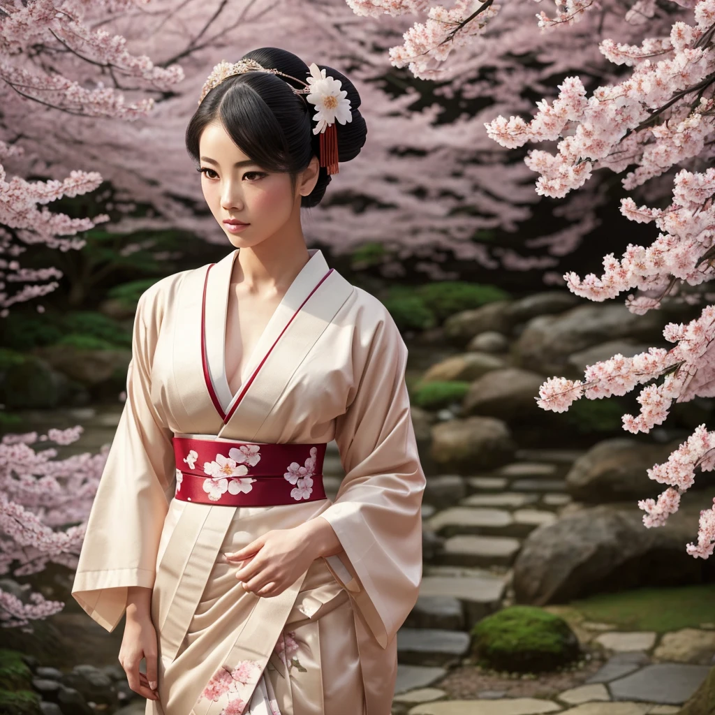 A beautiful geisha, half-naked, wearing traditional geisha makeup, standing in a lush cherry blossom garden in Japan during the geisha era, (best quality,4k,8k,highres,masterpiece:1.2),ultra-detailed,(realistic,photorealistic,photo-realistic:1.37),highly detailed face and skin, elegant geisha kimono, cherry blossoms, traditional Japanese architecture, soft warm lighting, muted color palette, cinematic composition