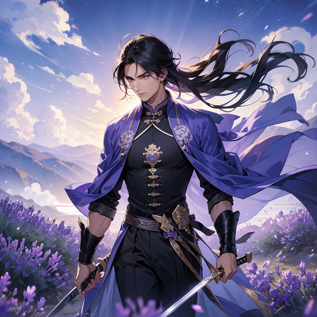 A Handsome black-hair male holding a large sword in blue-white ancient general chinese, close up.
Stroll among the purple lavender fields , There are some floating clouds,
