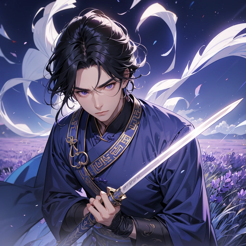 A Handsome black-hair male holding a large sword in blue-white ancient general chinese, close up.

Stroll among the purple lavender fields , There are some floating clouds,

 
