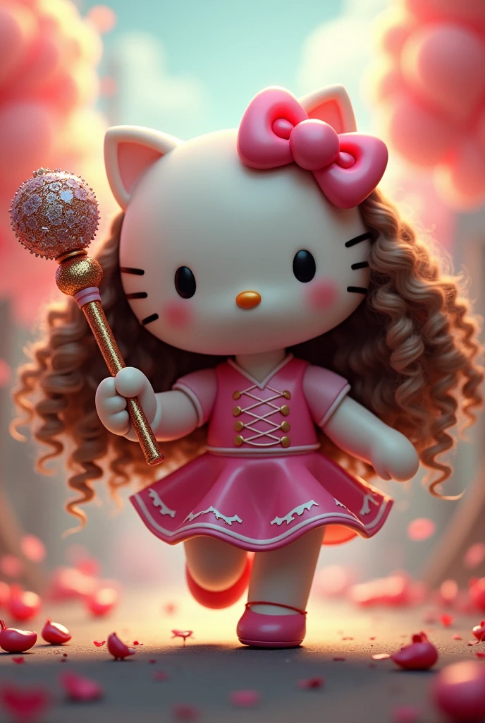 Hello Kitty with long curly brown hair, and a baton 