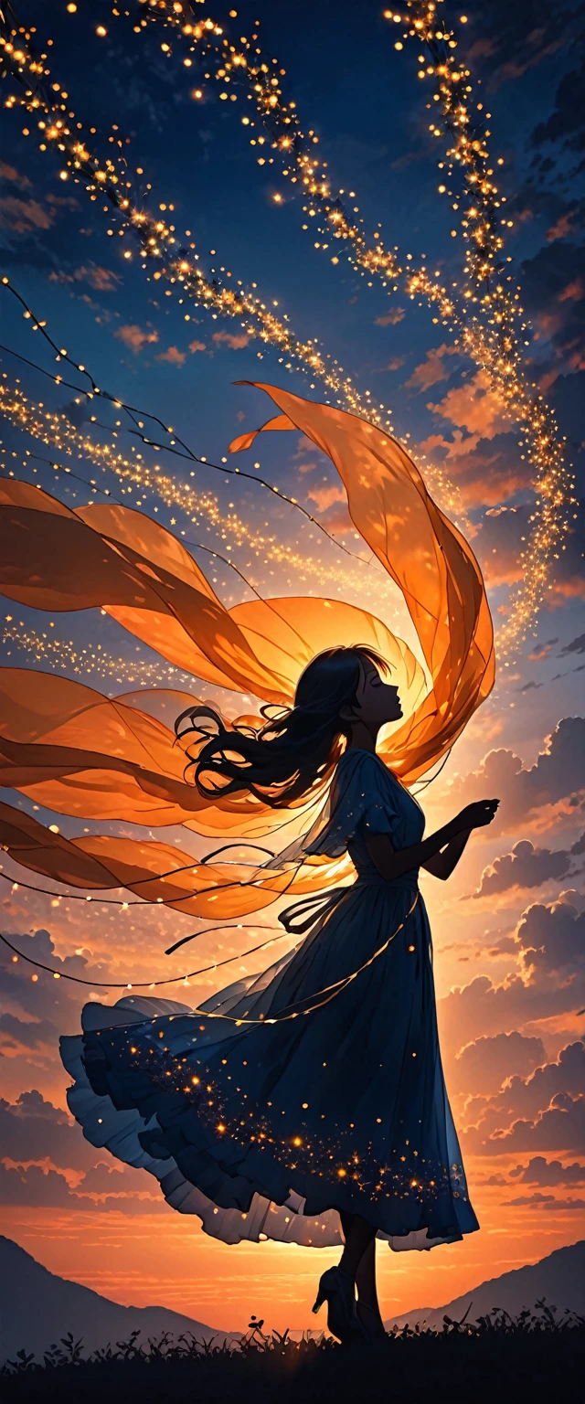 The image depicts the silhouette of a person standing against a stunning sunset backdrop. The sky transitions from a rich orange near the horizon to deep blue as it ascends. The person appears to be wrapped in a string of small, glowing fairy lights, with some of them lit up, creating an ethereal and captivating contrast against the dark silhouette. The person seems to be holding up one arm, perhaps adjusting or interacting with the lights. The overall mood of the image is peaceful and enchanting.