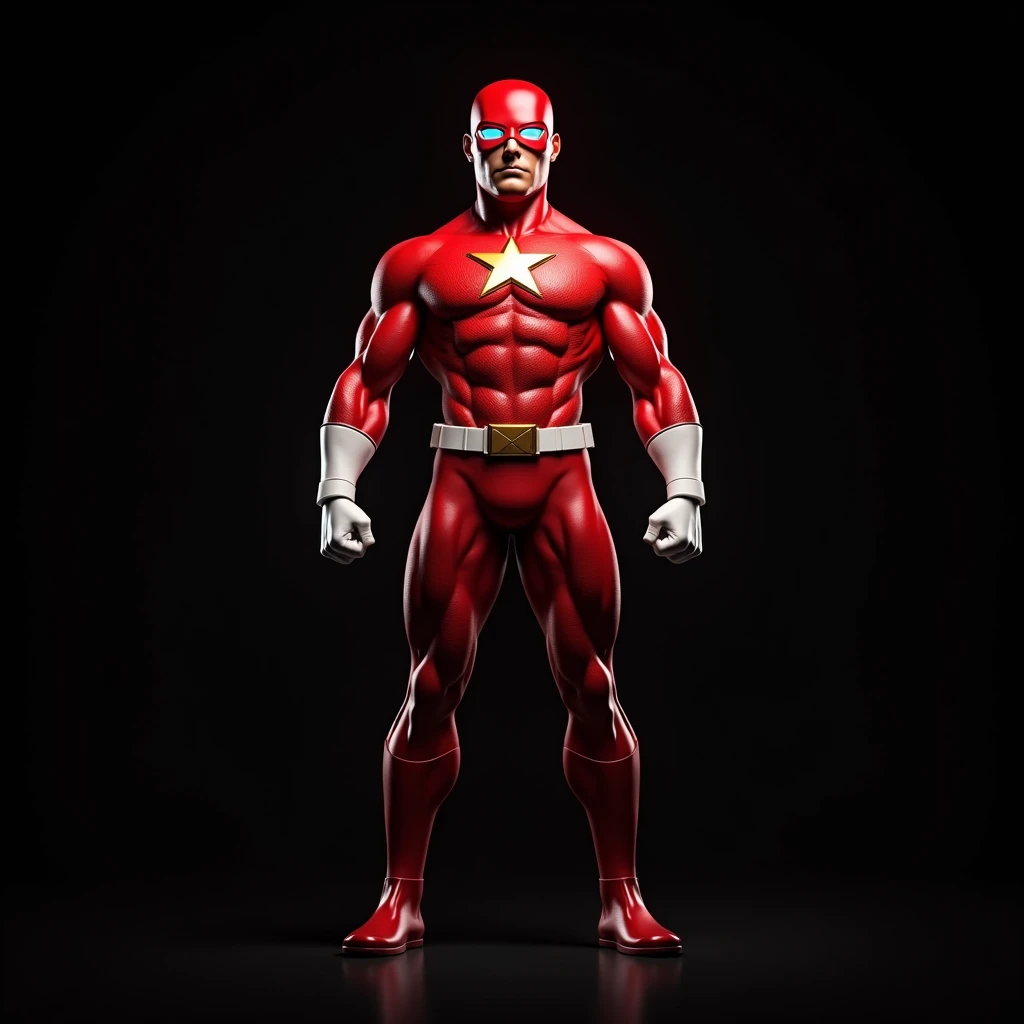 Hyper realistic, Masterpiece, detailed, 8k, a superhero wears red and white suit with gold star logo on his chest. He also wears red helmet with star shape visor. Black background.