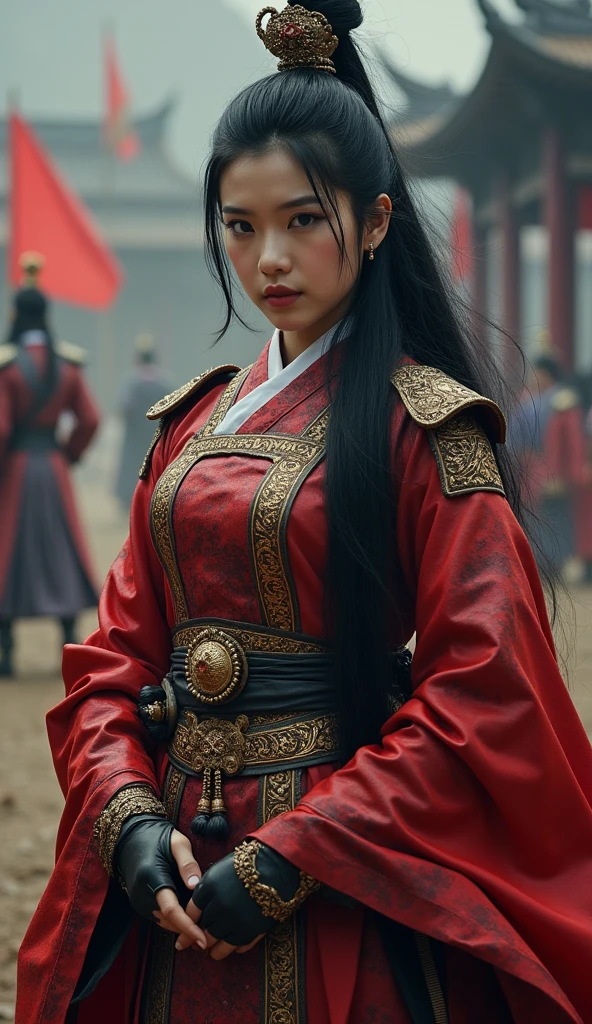 Set in wuxia world setting, a black hair dayan military GENERAL, LARGE BREASTS