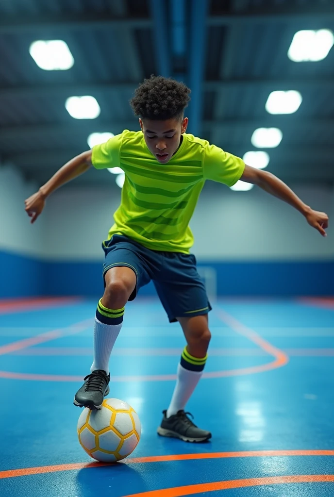 A teenager of about kicking a ball. He is on a futsal court well lit by white neon lights.. The court floor is blue with orange lines. His skin is brown and his hair is black and curly.. His shirt is lime green with four horizontal avocado green stripes.. The stripes run across the entire shirt. His shorts are navy blue and his socks are halfway up his shin and are completely white.. Your sneakers are black. Your face suggests courage and strength.