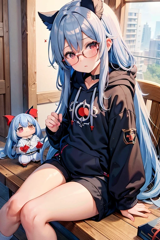 Angelic French doll, Stocky, Brightly colored hoodies, In shorts, Blue Hair ,Disheveled long hair, (anime: 1.2), Wearing glasses, Asymmetrical bangs, masterpiece, Tengu, (Fortuneteller: 0.8), (sleepy: 0.8), Intimate, フレンドリー, 風を受けている, 濡れた髪, anime, ざぁこ♡, 寒い, ハッピー