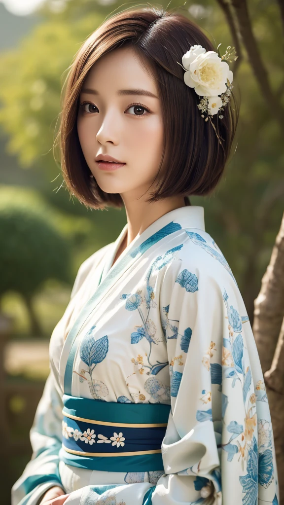 Top Quality, Masterpiece, High Definition, 1girl, Beautiful and Perfect Face, Bob Cut, Japanese Clothing,Kimono, Intricate Details, Cinematic Feel, 8K, Very Detailed