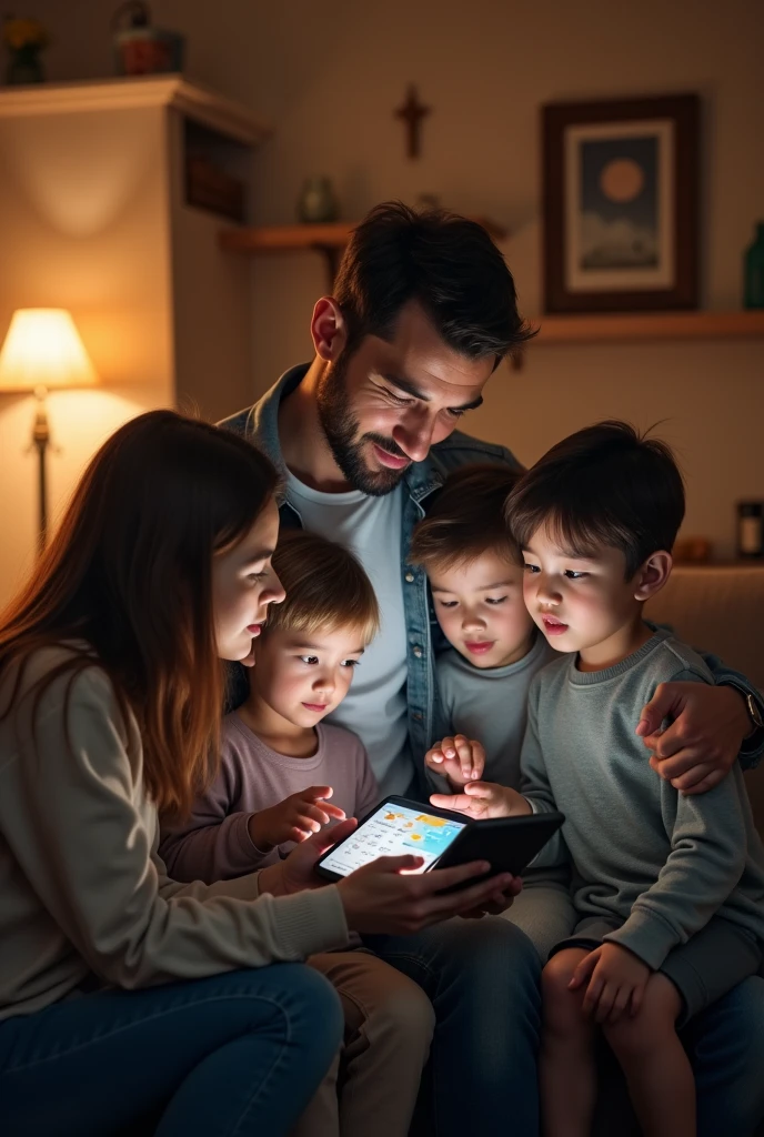 a father checking the weather of a place showing the screen with his family around