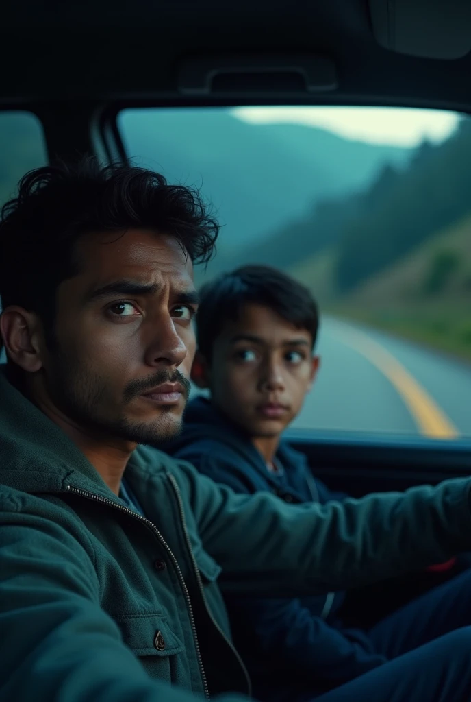 cinematic, photorealistic film poster of a young father behind steering wheel looks at his son in the seat nearby, close up, fear in face, late night, Kalimpong Sikkim Highway