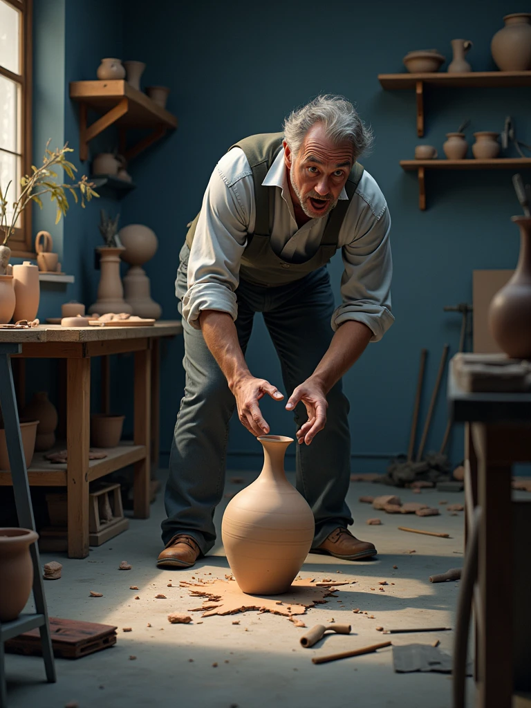 based on this image create the next one without leaving the context of the image please: samuel, still in his workshop, he is about to place the newly finished vase on a high shelf. however, he accidentally trips over a tool on the floor. A expressão no rosto de samuel se transforma rapidamente de concentração para choque, with his eyes wide and mouth agape, as the vase slips from his hands. in slow motion, The vase falls, and we see the shards scattering across the floor. The lighting of the scene changes to a colder tone, with shadows that heighten the sense of impending tragedy. The workshop floor, formerly organized, now it's filled with fragments of pottery, and the colors of the scene become darker, with shades of gray and blue.