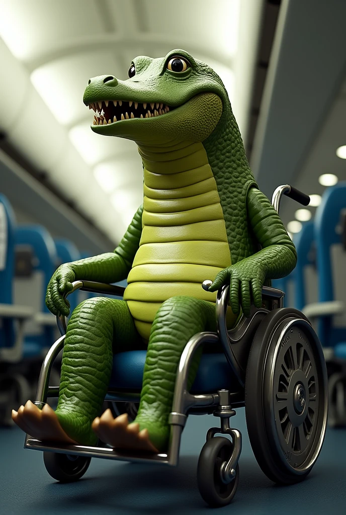 Big pickle in a wheelchair with an alligator mask in a plane