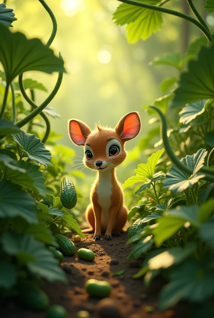 Create a realistic and cinematic picture of a mouse deer in a cucumber garden.