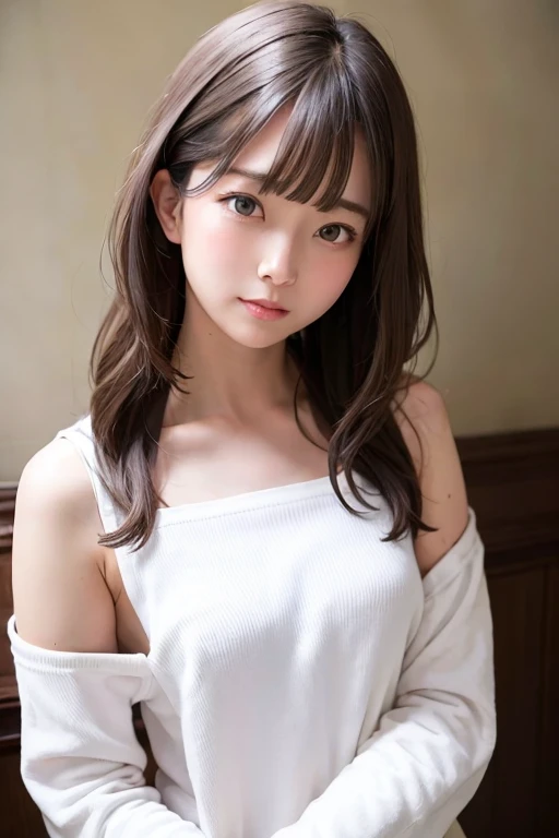 Browsing Caution、highest quality、8k、No makeup、masterpiece、クリアなphotograph、Ultra-high resolution、Realistic、Professional Lighting、Natural light、photograph、smile、Ultra slim、Delicate body、very cute、The cutest Erina Mano、Idle class、white肌、(Small breasts:1.8、Small breasts、Flat Chest:1.8、Don&#39;t show your nipples:1.8)、whiteＴPut on a shirt:1.8、Lean forward:1.6、Her cleavage is visible:1.2