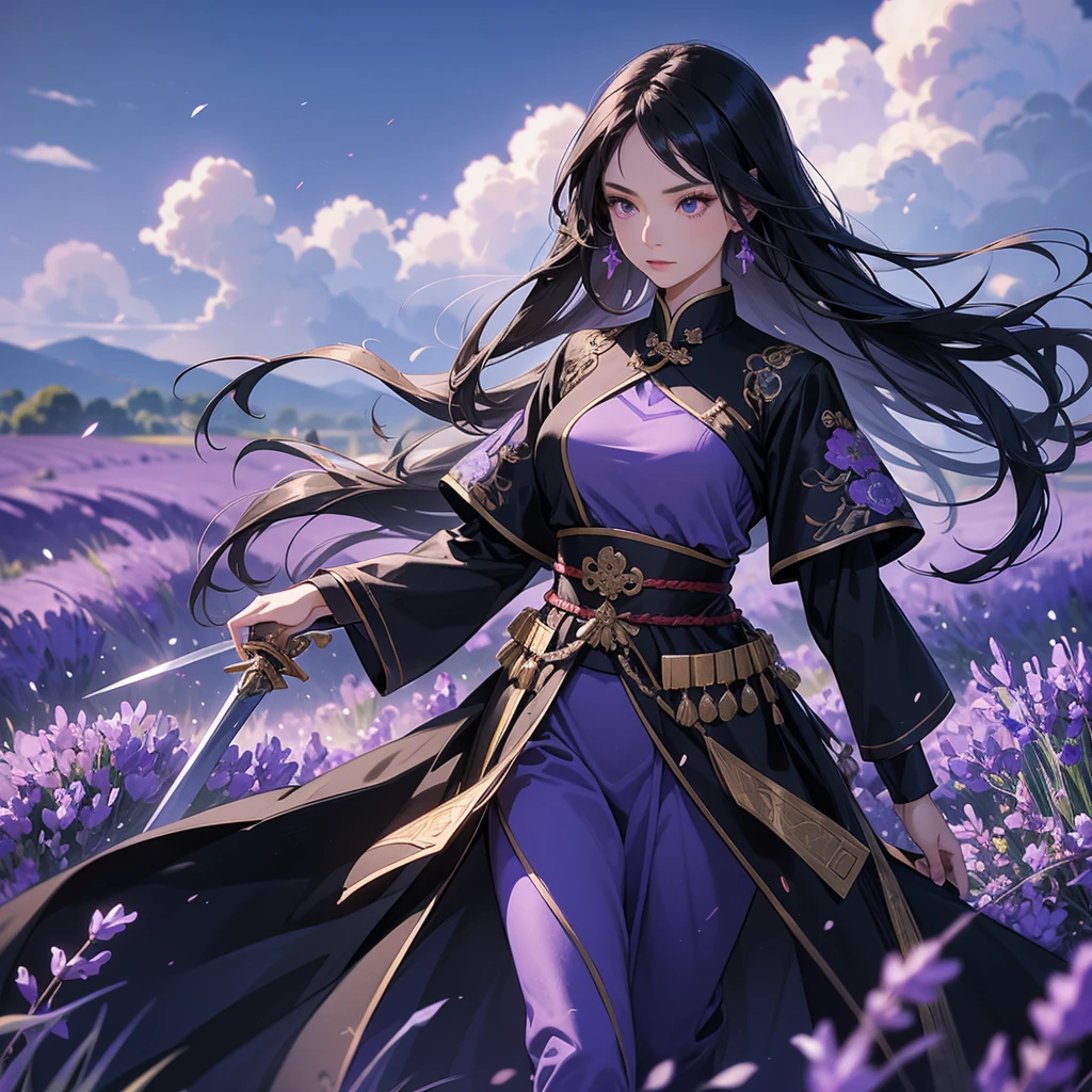 beautiful woman black-haired general holding a large sword in blue-black ancient Chinese general costume, walking In the middle of lavender fields , Surrounded by lavender fields, purple, low clouds, close up.