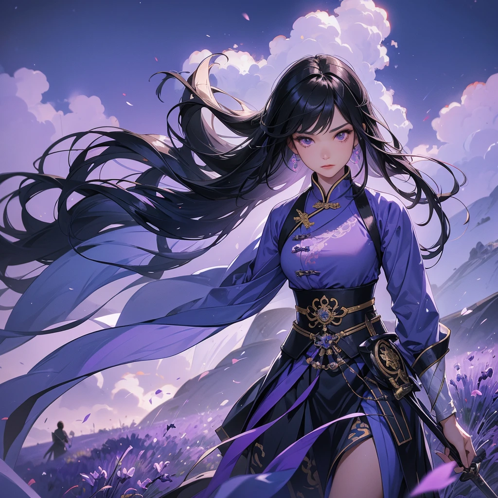 beautiful woman black-haired general holding a large sword in blue-black ancient Chinese general costume, walking In the middle of lavender fields , Surrounded by lavender fields, purple, low clouds, close up.
