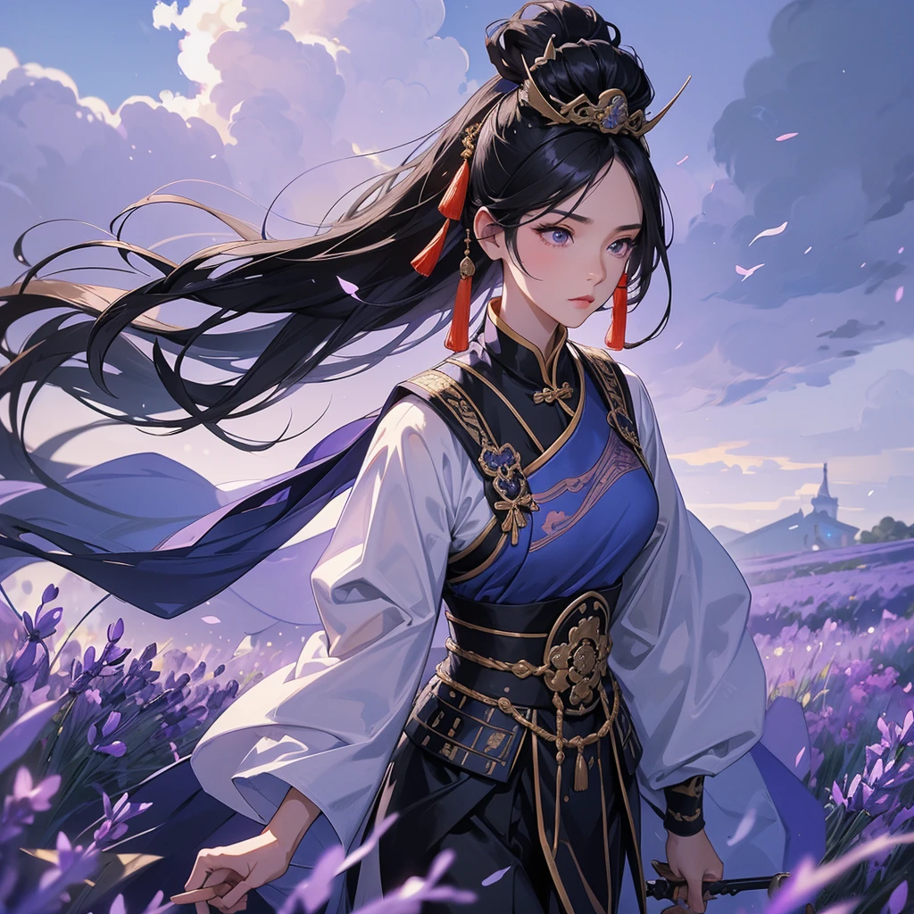 beautiful woman black-haired general holding a large sword in blue-black ancient Chinese general costume, walking In the middle of lavender fields , Surrounded by lavender fields, purple, low clouds, close up.