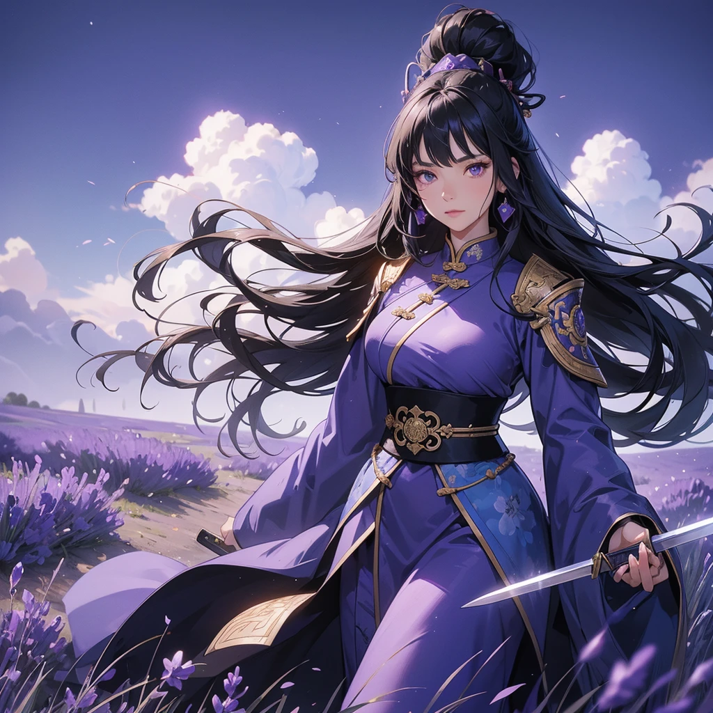 beautiful woman black-haired general holding a large sword in blue-black ancient Chinese general costume, walking In the middle of lavender fields , Surrounded by lavender fields, purple, low clouds, close up.