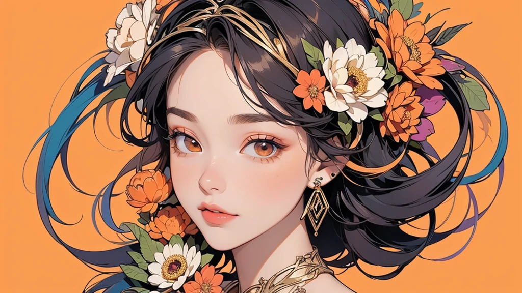 32K, 最高quality, 最高masterpiece, (ultra-Detailed Background, Detailed Background), High resolution, Super detailed, Very detailedな, 1 personの, (bouquet:1.3), (Tangled:1.2), (Geometric:1.2),(colorful),(masterpiece, quality, best quality, Official Art, Beautiful and beautiful:1.2), (1 person:1.3), Very detailed,(colorful:1.1)(Flowers:1.3),Most detailed,(Tangled:1.2), whole body, (Abstract background:1.3), (Skin glows), (Many colors:1.4), ,(Earrings Jewelry:1.5), Pale Orange Background, Gradation, It's imaginative., Flaxen Hair,