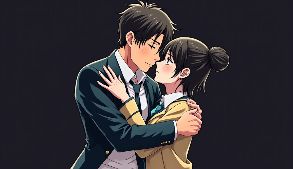 (32K:1.9, Realistic:1.9, Highest quality, masterpiece, Ultra-high resolution), Perfect dynamic composition:1.3, Highly detailed skin and facial textures:1.3, Cute sexy slim Japanese schoolgirl, (Slimman, Height about 180cm), (They both close their eyes, A man hugs and kisses a woman:1.3), Fair skin, ((Clarity:1.1)), (Man is anime「Marmalade Boy」Wearing a wonderful uniform:1.3, Bright yellow hair, beautiful目:1.3), (The woman is wearing a uniform with a light blue tie..:1.3, Straight black hair.:1.3, smile:0.9, A man completely charms a woman:0.9, beautiful Blue Eyes, beautiful, Clear Eyes:0.8), Sexy Face:0.4, blush:1.1, (beautifulエロティシズムを醸し出す雰囲気:0.8), Professional random camera work, Cinematic Lighting Effects, (Full Body Shot), (Too erotic), romantic, mysterious, Object of admiration, original, dramatic, artistic, Innovative, charm, Heartful, Fancy, Tilt, sense of loss, special, exciting, Extreme, sense of openness, joy, joyの表現, ((若さのcharm, 女性的なcharm))