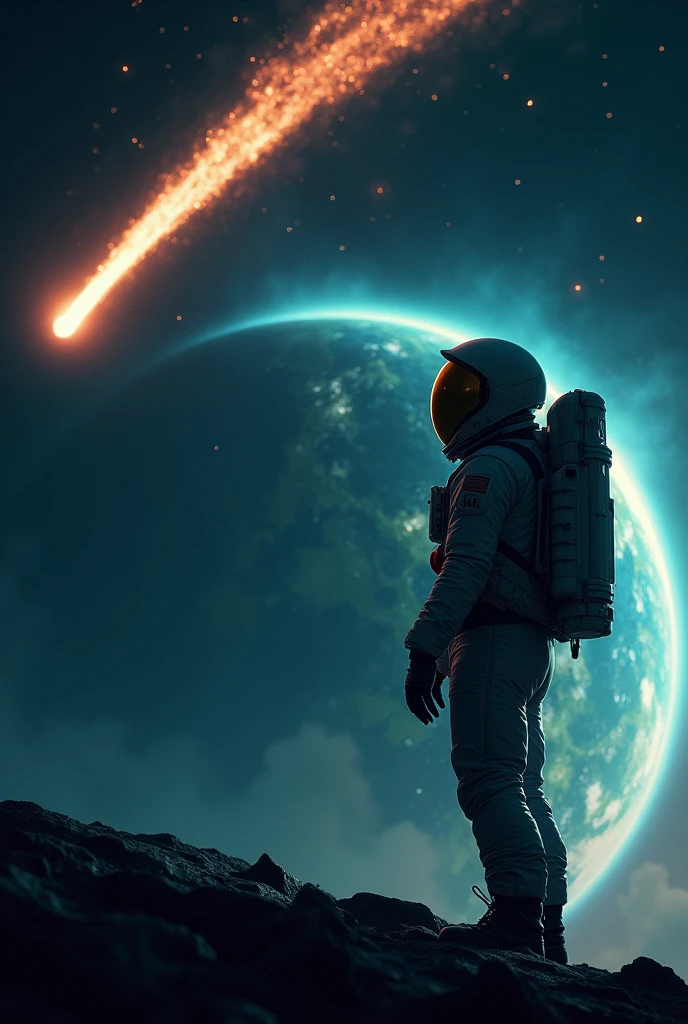 Astronaut looking at planet Earth from afar , a comet approaching, 8k