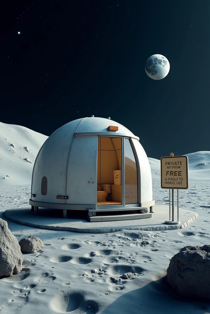 An image showing a private bathroom on the moon with the sign next to it showing the price as free 
