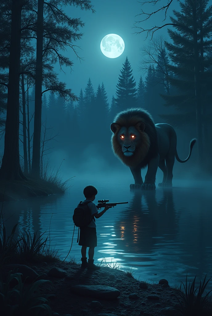 A dark night and there are forest lakes
a boy with his gun shooting a lion in lights