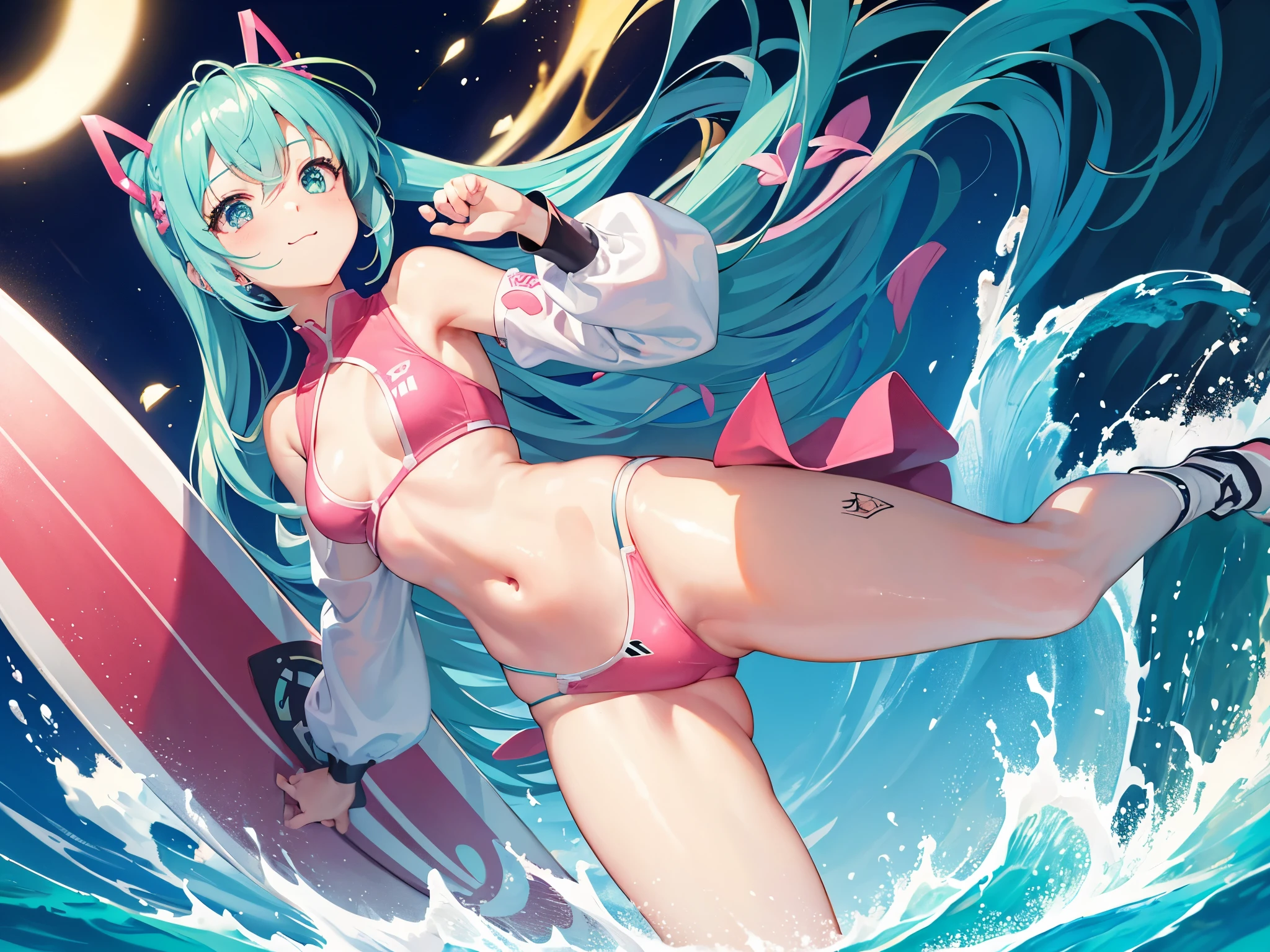 (anime-style cute face)、Hatsune Miku,最high quality, ((Sharp details)), (8k, RAW Photos, 最high quality, masterpiece), (looking at the camera),Cute Smile、Very big eyes、anatomically correct body、Big thighs、Muscular woman、The face is bright、Professional Lighting、Cute little breasts、Emphasis on the chest、(Pink and white long sleeve surf suit:0.8、Belly button、slit:1.6、Cute frills:1.5)、(black and pink spats)、high quality,High resolution,16K,Sharp lines,1 girl,(((female surfer:1.9))) ,Surfing Venues:1.9、((Ride the waves on a surfboard:1.9)),Detailed clothing